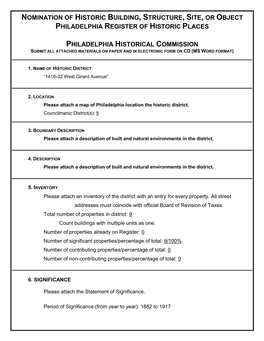 Nomination of Historic Building, Structure, Site, Or Object Philadelphia Register of Historic Places