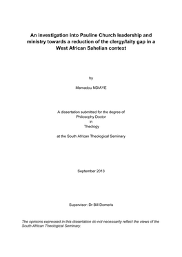 An Investigation Into Pauline Church Leadership and Ministry Towards a Reduction of the Clergy/Laity Gap in a West African Sahelian Context