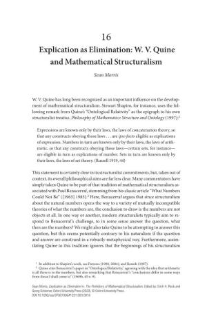 Explication As Elimination: WV Quine and Mathematical Structuralism
