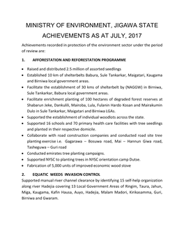 Ministry of Environment, Jigawa State Achievements As at July, 2017