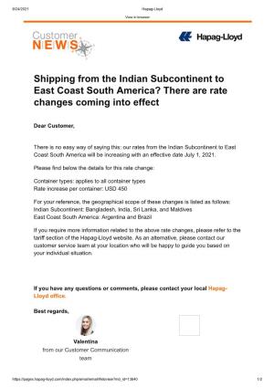 Shipping from the Indian Subcontinent to East Coast South America? There Are Rate Changes Coming Into Effect