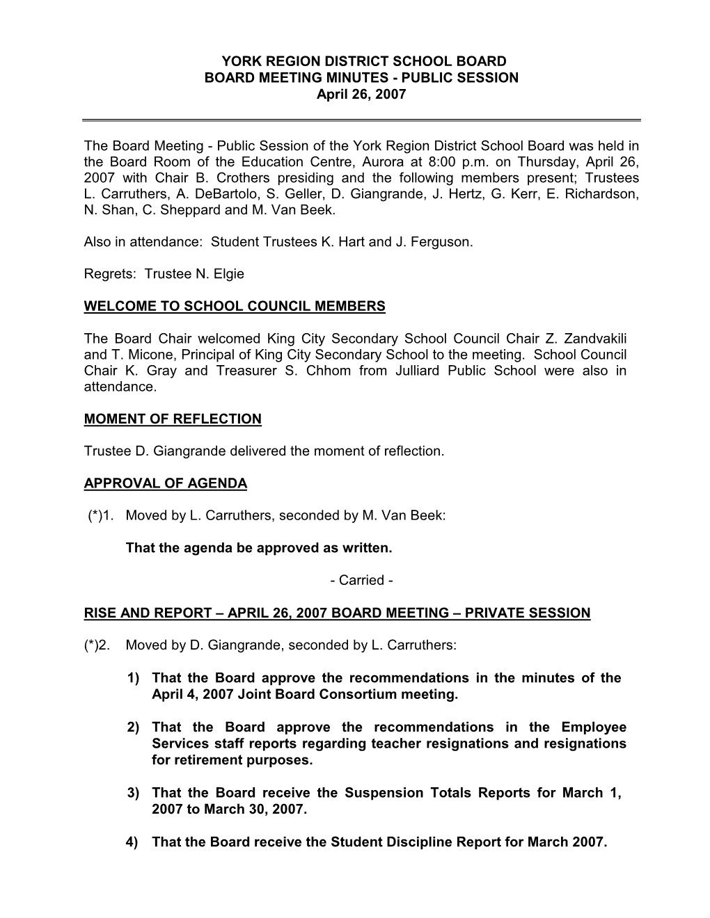 April 26, 2007 Public Board Minutes