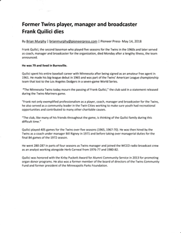 Former Twins Playeq Manager and Broadcaster Frank Quilici Dies