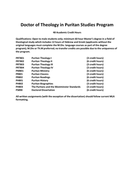 Doctor of Theology in Puritan Studies Program