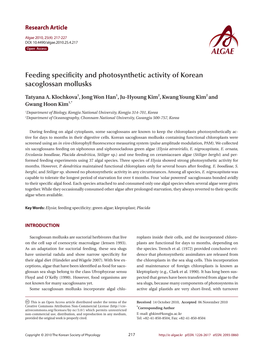 Feeding Specificity and Photosynthetic Activity of Korean Sacoglossan Mollusks