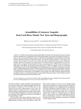 Armadillidae (Crustacea: Isopoda) from Lord Howe Island: New Taxa and Biogeography