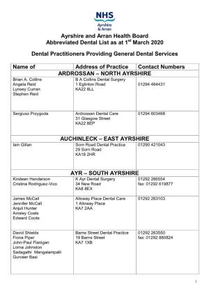 Abbreviated Dental List As at 1St March 2020