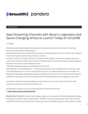 New Streaming Channels with Music's Legendary and Game-Changing Artists to Launch Today on Siriusxm