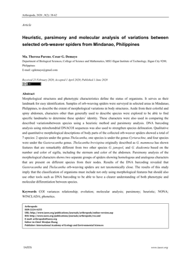 Heuristic, Parsimony and Molecular Analysis of Variations Between Selected Orb-Weaver Spiders from Mindanao, Philippines