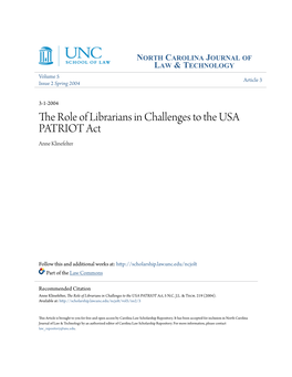 The Role of Librarians in Challenges to the USA PATRIOT Act Anne Klinefelter