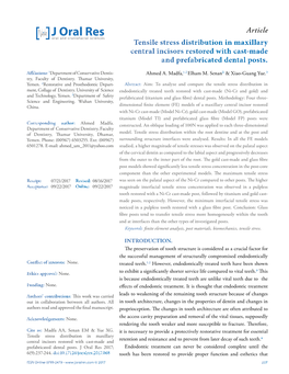 Article Tensile Stress Distribution in Maxillary Central Incisors Restored with Cast-Made and Prefabricated Dental Posts