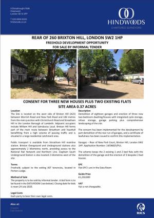 Rear of 260 Brixton Hill, London Sw2 1Hp Freehold Development Opportunity for Sale by Informal Tender