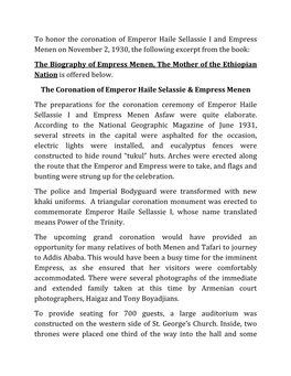 To Honor the Coronation of Emperor Haile Sellassie I and Empress Menen on November 2, 1930, the Following Excerpt from the Book