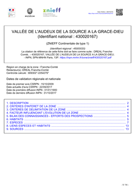VALLÉE DE L'audeux DE LA SOURCE a LA GRACE-DIEU (Identifiant National : 430020167)