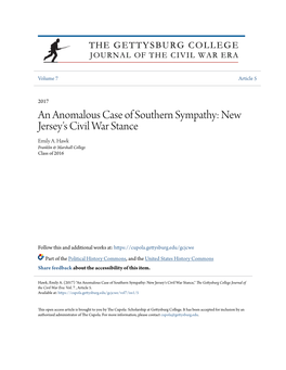 An Anomalous Case of Southern Sympathy: New Jersey's Civil War Stance Emily A
