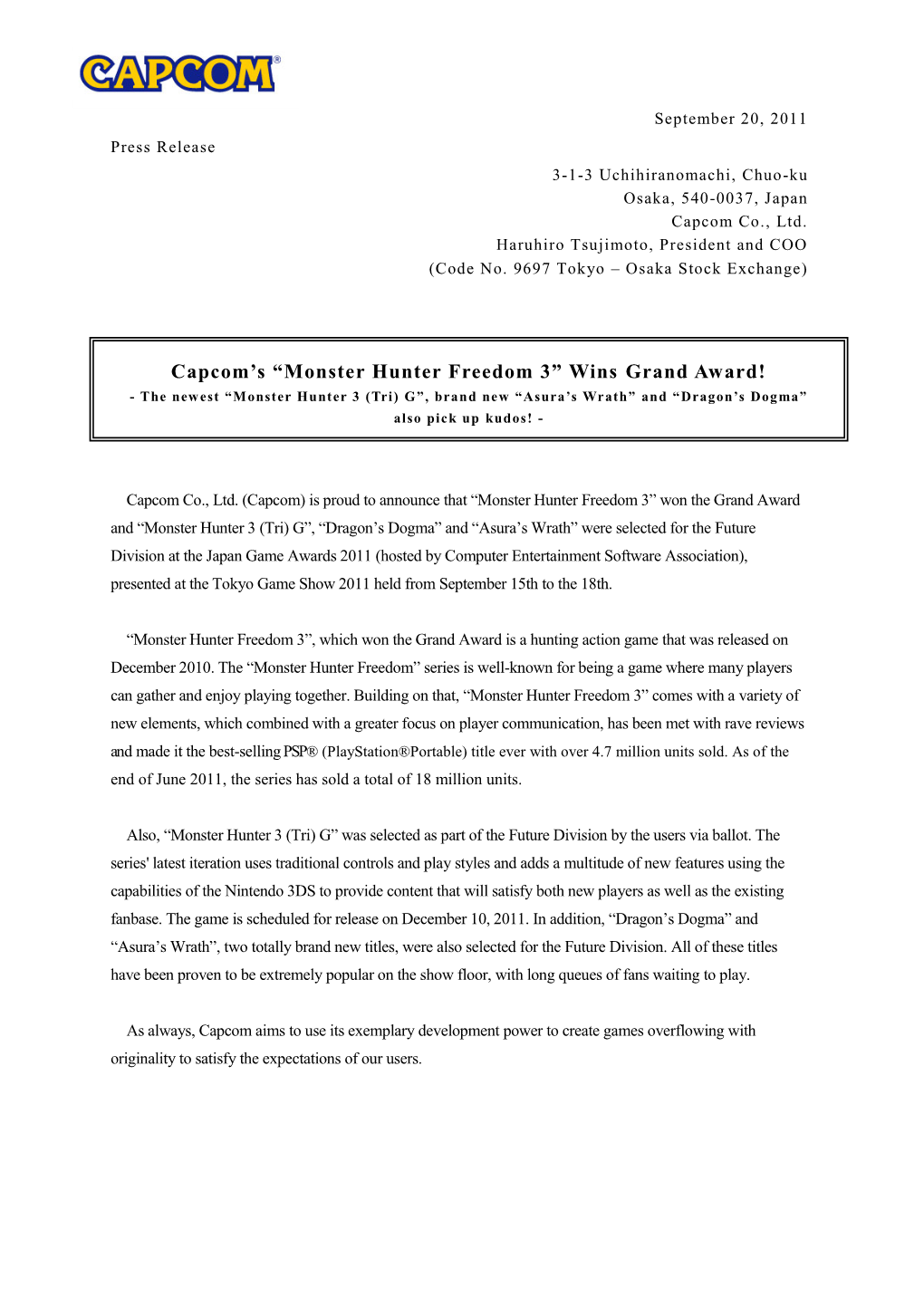 Monster Hunter Freedom 3” Wins Grand Award!