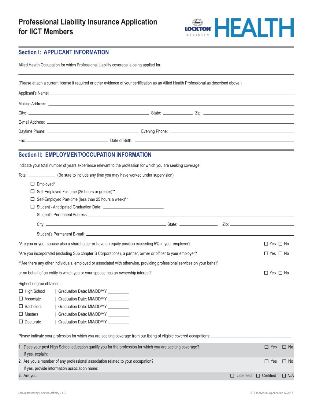 Professional Liability Insurance Application for IICT Members