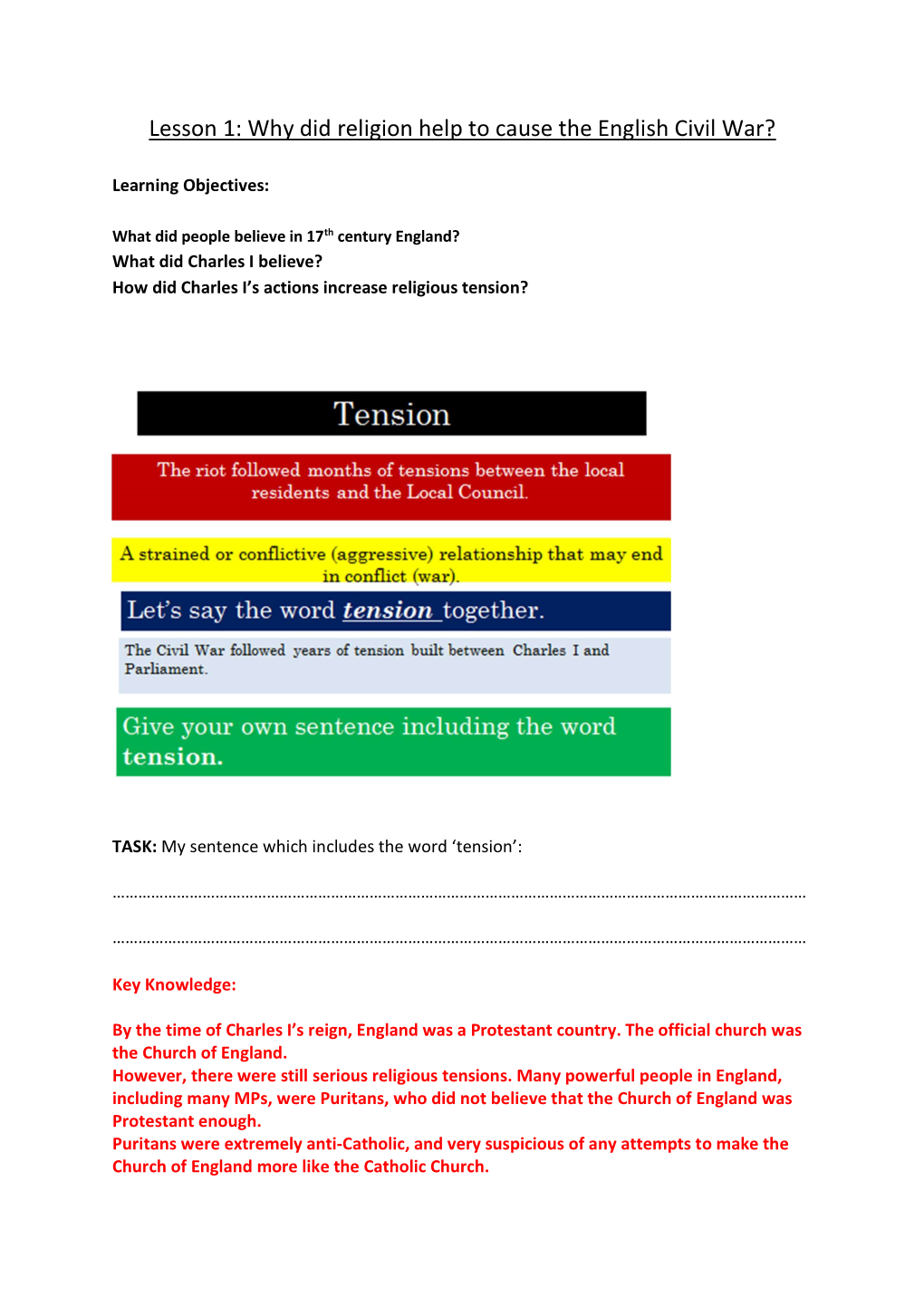 Lesson 1: Why Did Religion Help to Cause the English Civil War?