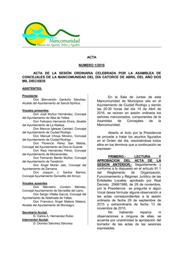 Acta Numero 1/2016 Acta De La Sesión Ordinaria Celebrada