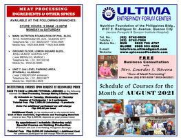 Schedule of Courses for the Month Of