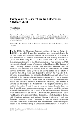Thirty Years of Research on the Holodomor: a Balance Sheet
