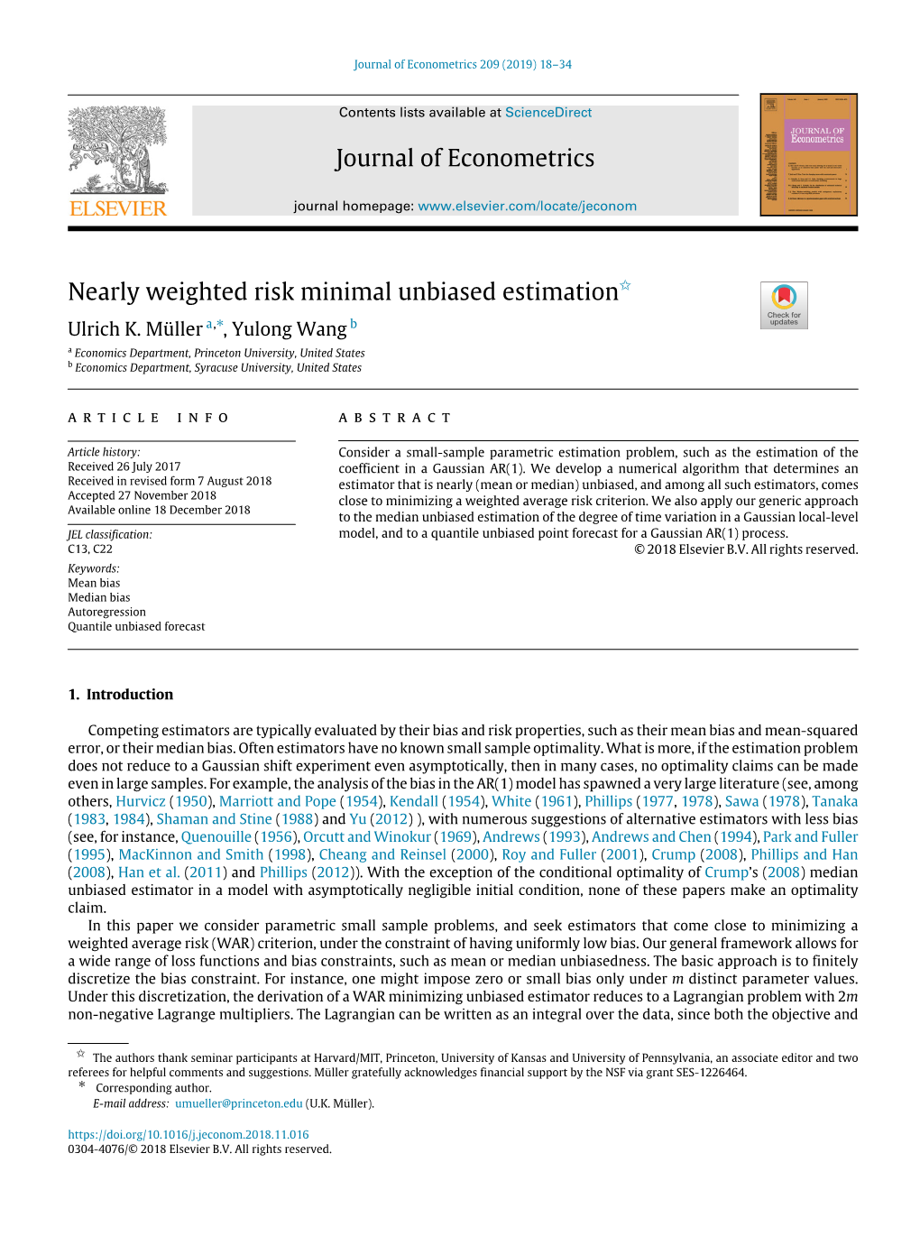 Nearly Weighted Risk Minimal Unbiased Estimation✩ ∗ Ulrich K