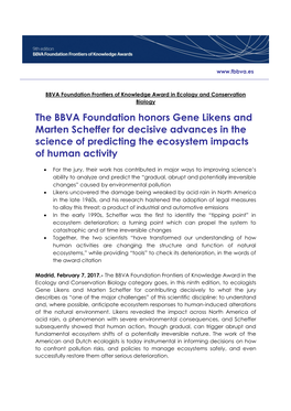 The BBVA Foundation Honors Gene Likens and Marten Scheffer for Decisive Advances in the Science of Predicting the Ecosystem Impacts of Human Activity