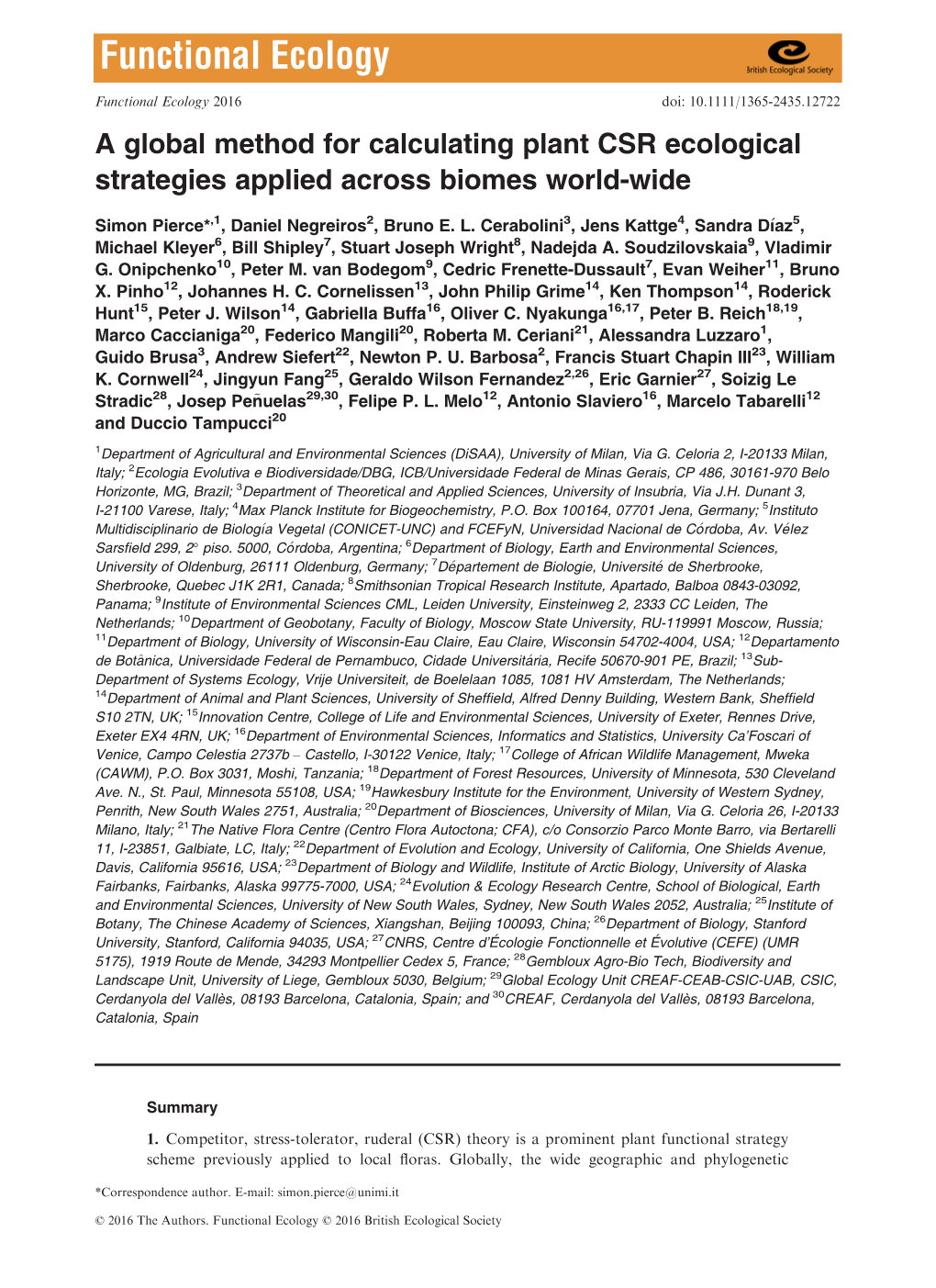 A Global Method for Calculating Plant CSR Ecological Strategies Applied ...