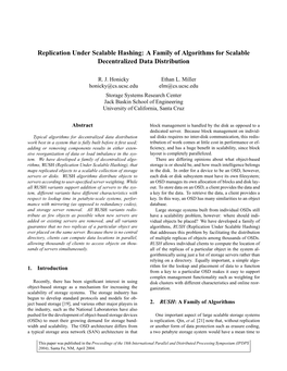Replication Under Scalable Hashing: a Family of Algorithms for Scalable Decentralized Data Distribution