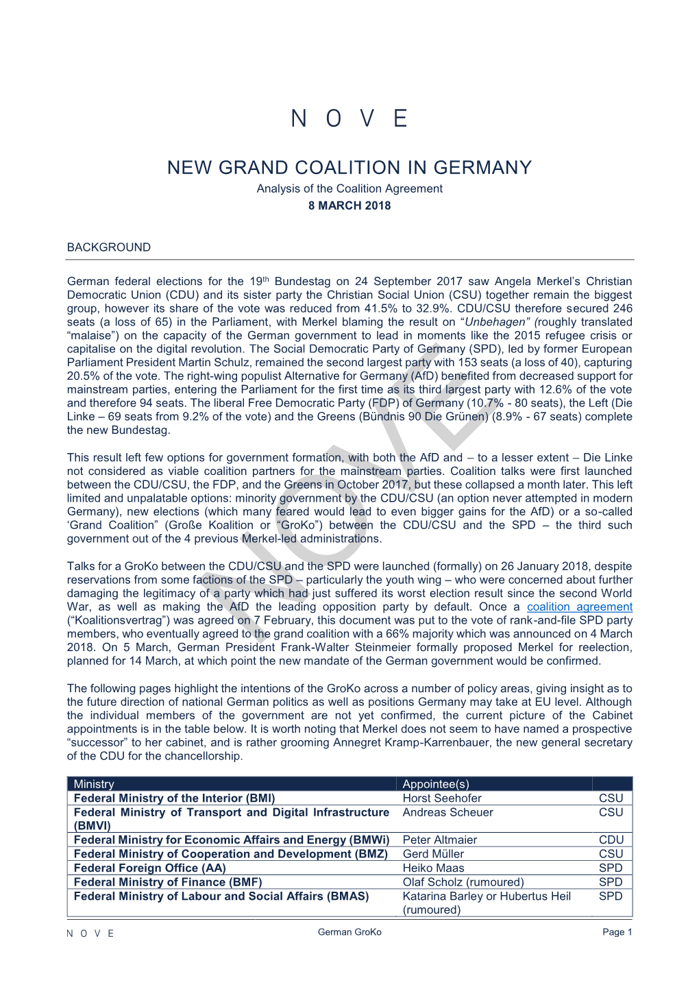 NEW GRAND COALITION in GERMANY Analysis of the Coalition Agreement 8 MARCH 2018