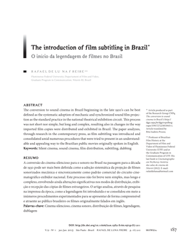 The Introduction of Film Subtitling in Brazil* O Início Da Legendagem De Filmes No Brasil