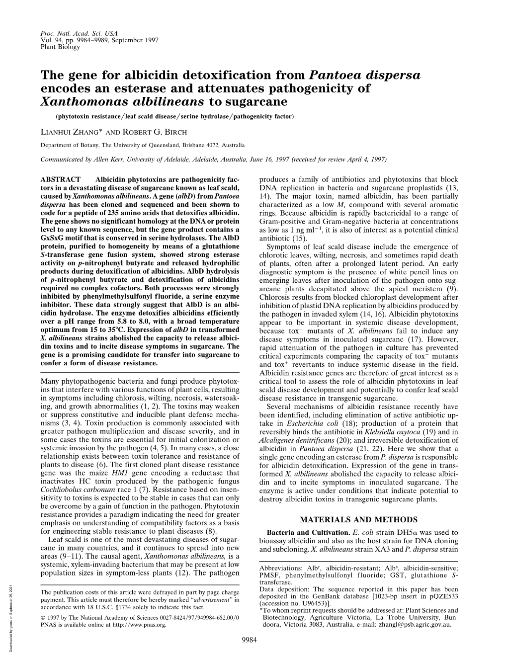 The Gene for Albicidin Detoxification from Pantoea Dispersa Encodes An