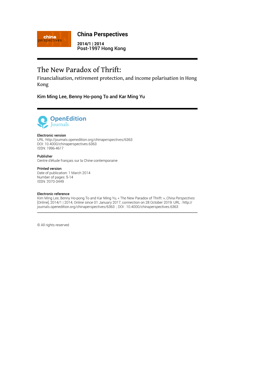 The New Paradox of Thrift: Financialisation, Retirement Protection, and Income Polarisation in Hong Kong