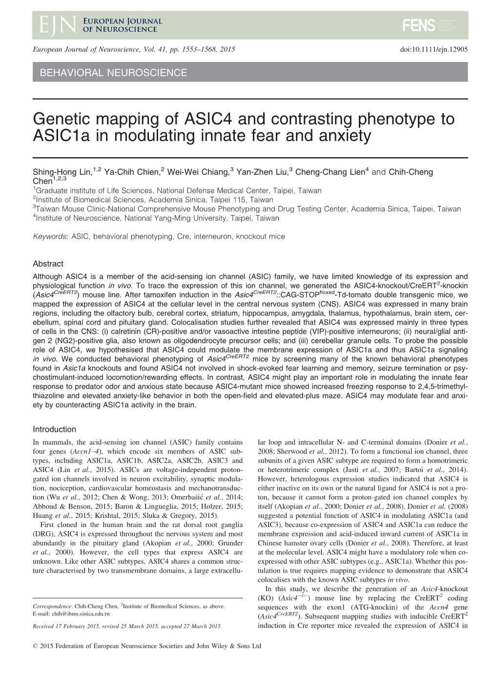 Genetic Mapping of ASIC4 and Contrasting Phenotype to Asic1a in Modulating Innate Fear and Anxiety