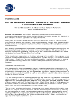 PRESS RELEASE GS1, IBM and Microsoft Announce Collaboration