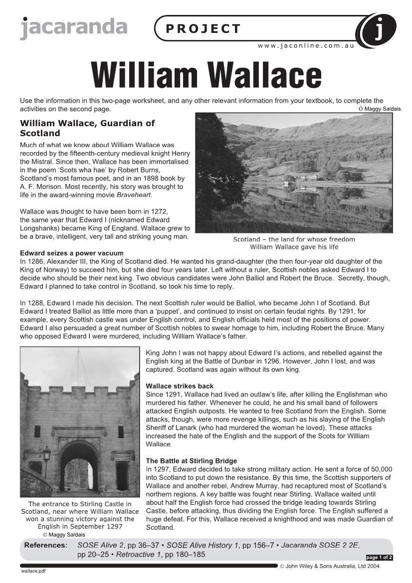 William Wallace Use the Information in This Two-Page Worksheet, and Any Other Relevant Information from Your Textbook, to Complete the Activities on the Second Page