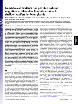 Geochemical Evidence for Possible Natural Migration of Marcellus Formation Brine to Shallow Aquifers in Pennsylvania