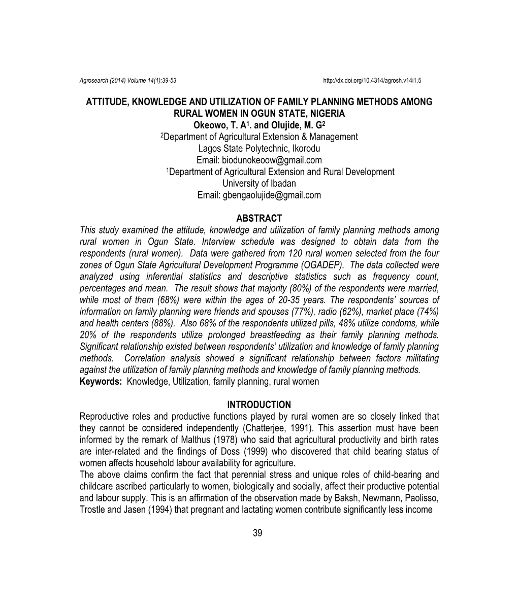 ATTITUDE, KNOWLEDGE and UTILIZATION of FAMILY PLANNING METHODS AMONG RURAL WOMEN in OGUN STATE, NIGERIA Okeowo, T