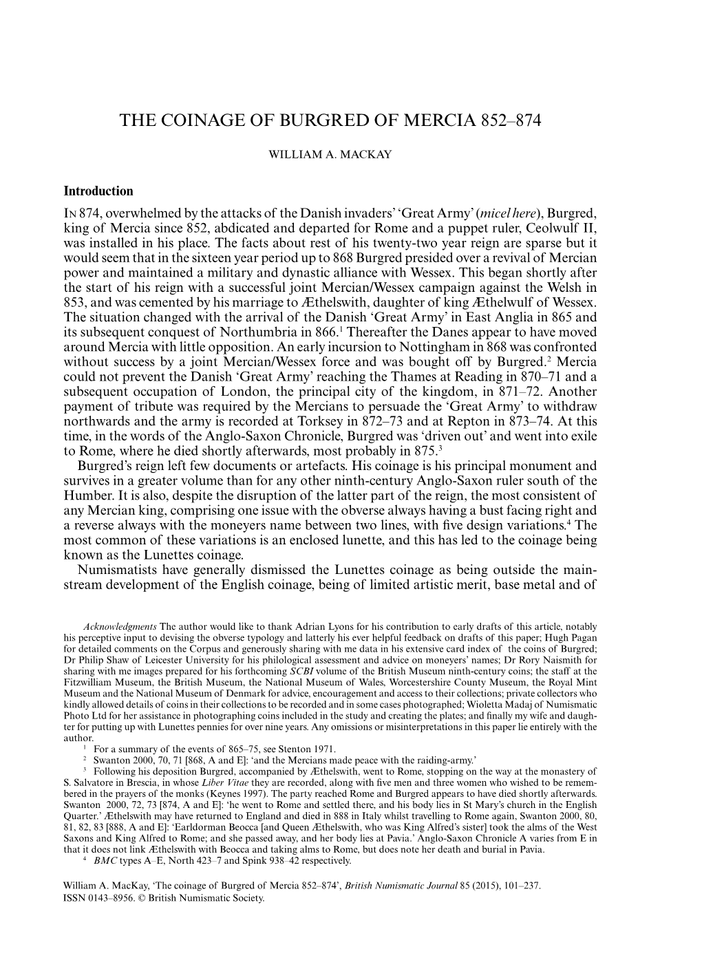 The Coinage of Burgred of Mercia 852–874