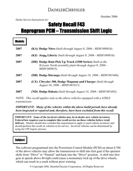 Safety Recall F43 Reprogram PCM – Transmission Shift Logic