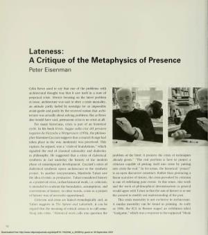 A Critique of the Metaphysics of Presence Peter Eisenman