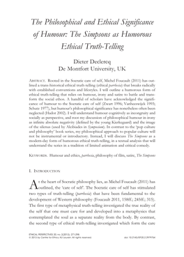 The Philosophical and Ethical Significance of Humour: the Simpsons As Humorous Ethical Truth-Telling