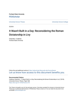 Reconsidering the Roman Dictatorship in Livy
