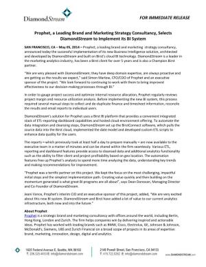 FOR IMMEDIATE RELEASE Prophet, a Leading Brand and Marketing