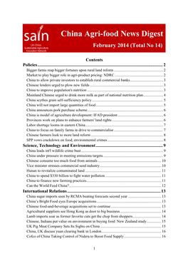 China Agri-Food News Digest February 2014 (Total No 14)