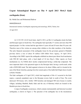 ZARE Shahvar Report of the 9 April 2013 Mw6.3