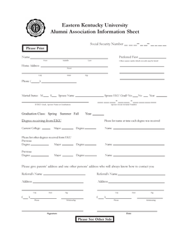 Eastern Kentucky University Alumni Association Information Sheet