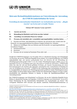Relevante Herkunftslandinformationen Zur Unterstützung Der Anwendung Des UNHCR-Länderleitfadens Für Syrien