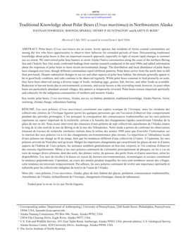 Traditional Knowledge About Polar Bears (Ursus Maritimus) in Northwestern Alaska HANNAH VOORHEES,1 RHONDA SPARKS, 2 HENRY P