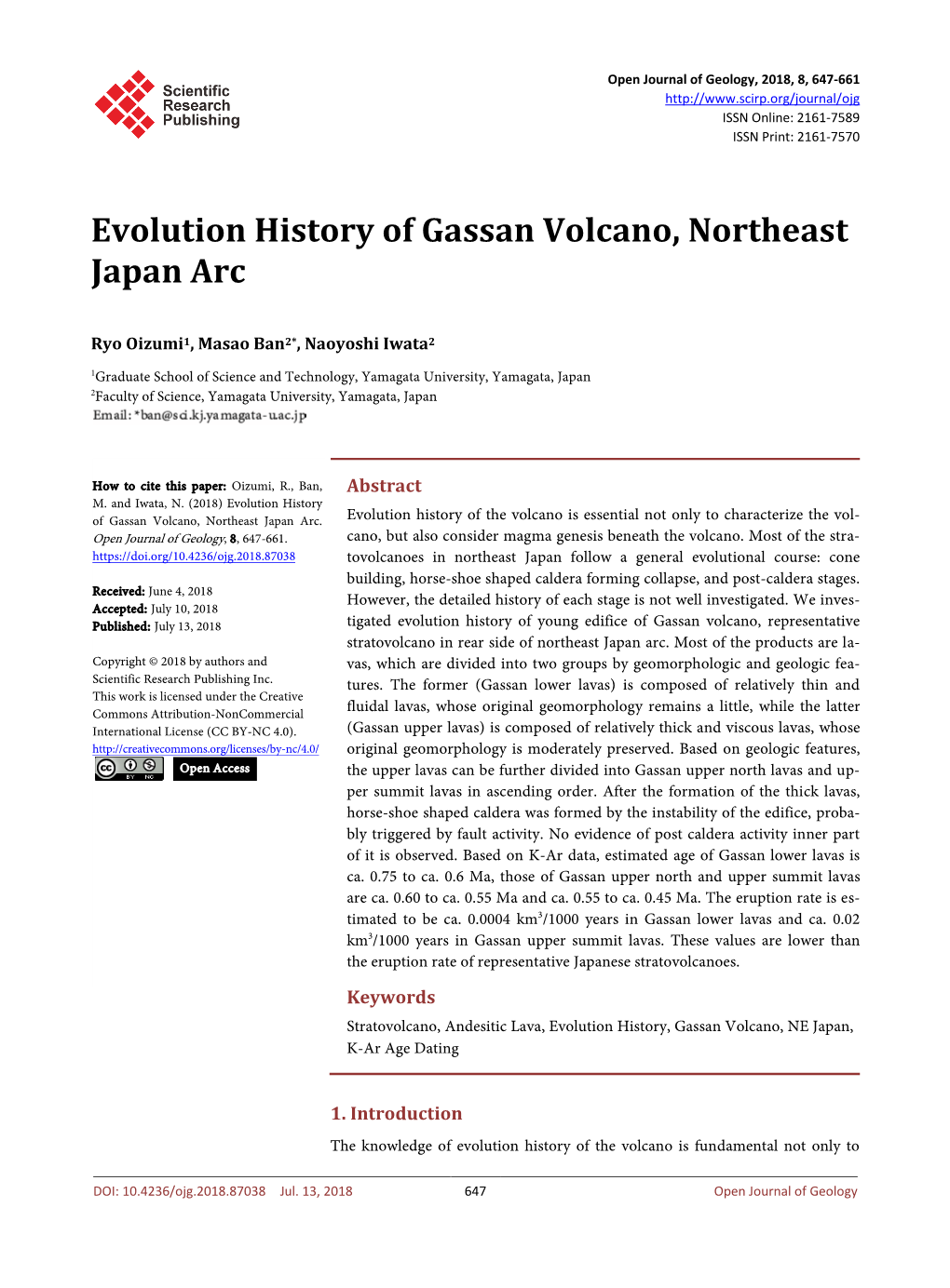 Evolution History of Gassan Volcano, Northeast Japan Arc